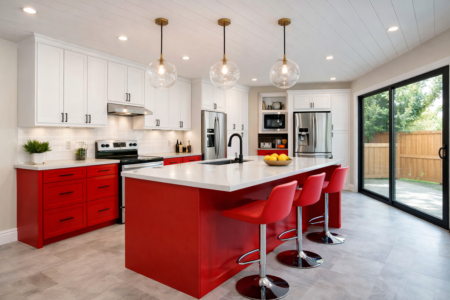 Modern kitchen with a red island platform, white cabinets, and a white quartz countertop.