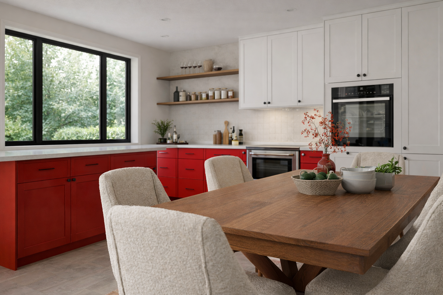 Kitchen colour combination with red lower cabinets, white uppers, wood shelves, and a black-framed window