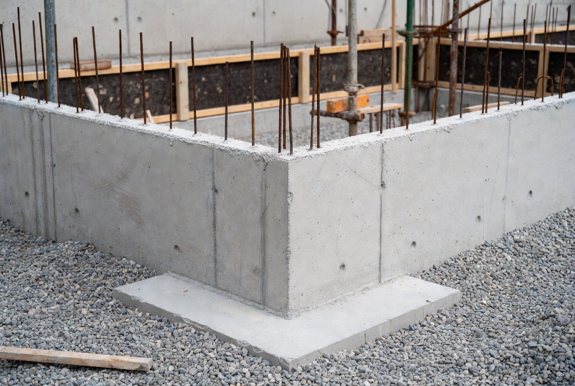 Reinforced concrete foundation corner with exposed starter bars, footing, and gravel base.