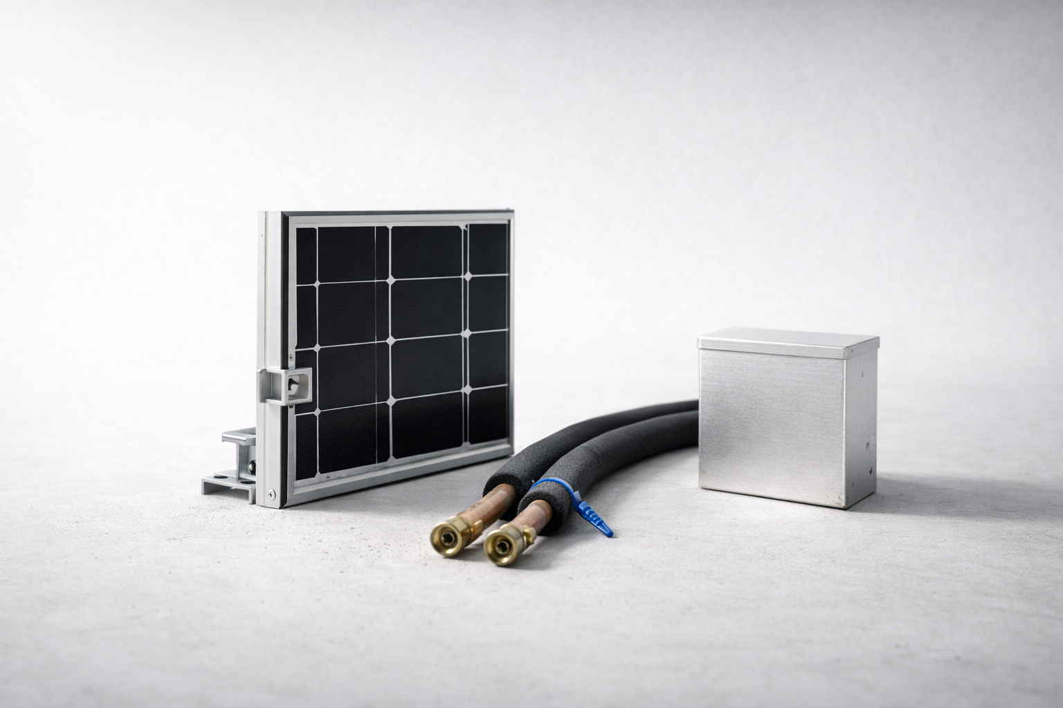 Solar panel sample and heat pump line set shown as building renewable hardware.
