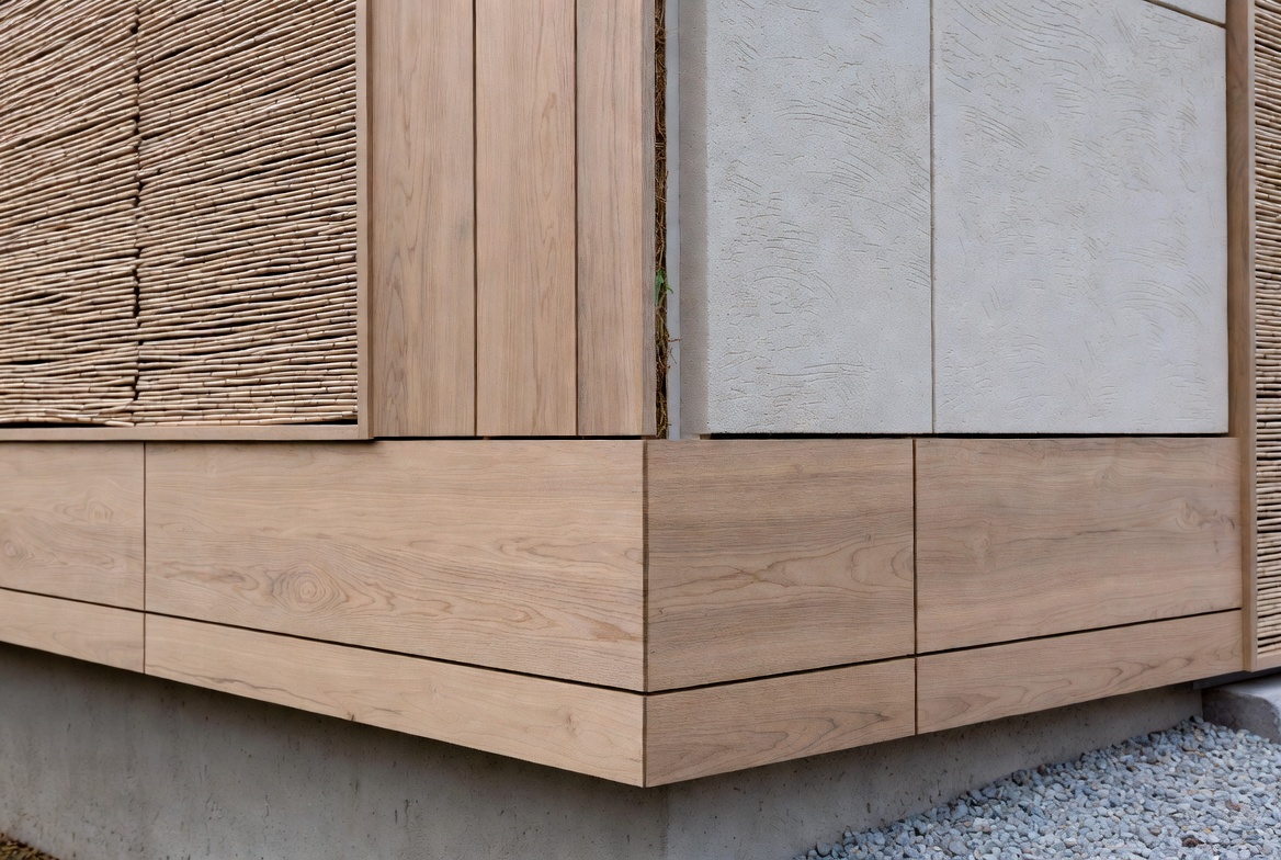 Modern facade with vertical timber cladding, light mineral framing, and deep window openings.