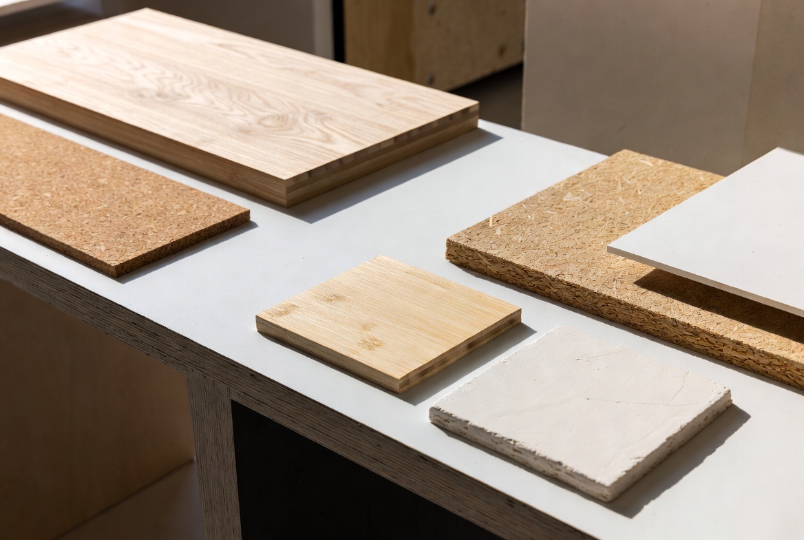 Material comparison table with timber, cork, bamboo, engineered board, and white plaster sample pieces.