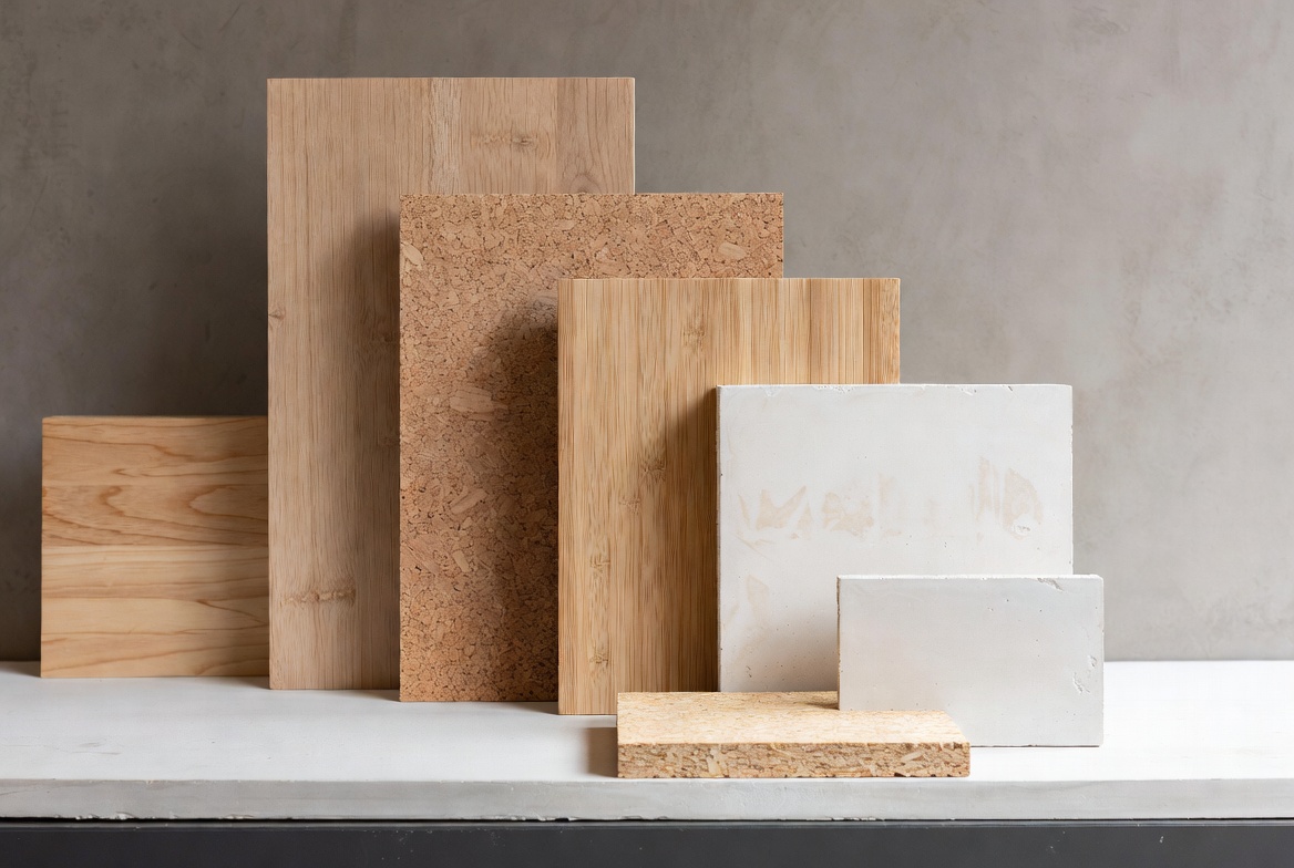 Sample boards of timber, cork, bamboo, and light finish materials arranged on a clean studio table.