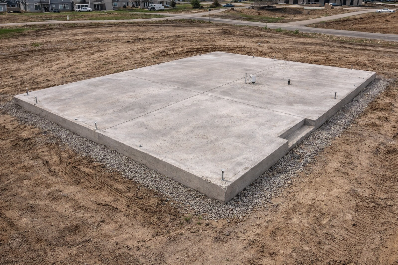 Residential slab-on-grade foundation with anchor bolts, plumbing rough-ins, and gravel perimeter base on graded lot.
