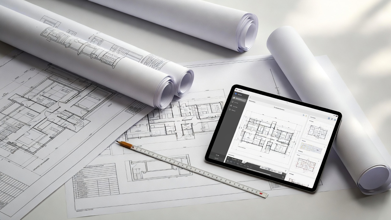 Rolled architectural sheets with a tablet displaying project drawings on a desk.