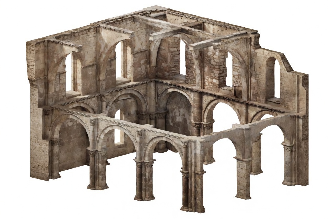 Cutaway perspective illustration of a secular Romanesque interior showing thick masonry walls, semicircular arches, deep-set windows and vaulted ceilings