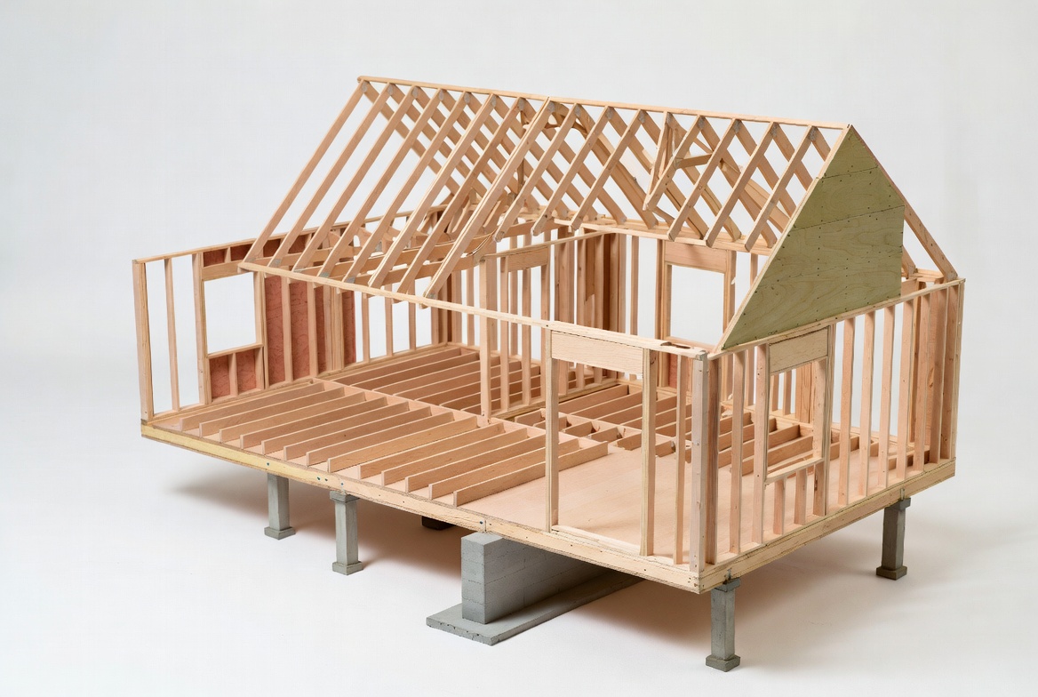 Diagonal roof bracing installed across timber rafters during residential house construction.