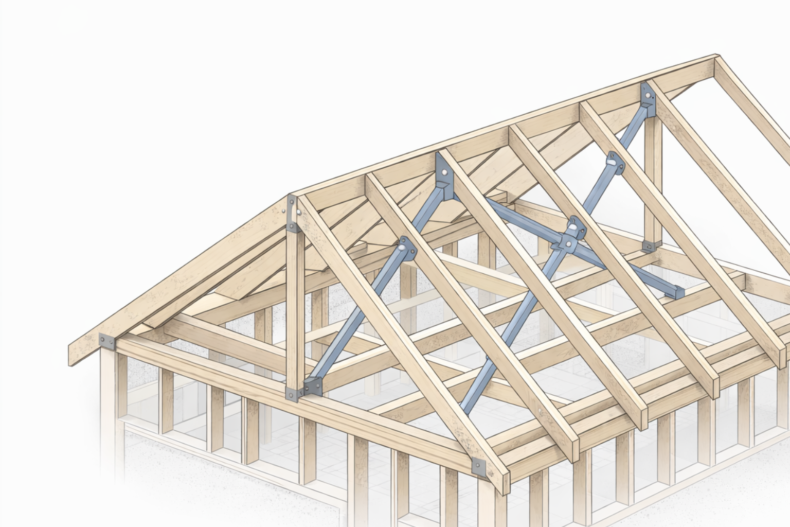 Roof bracing diagram showing diagonal brace members within a wood-framed gable roof system.