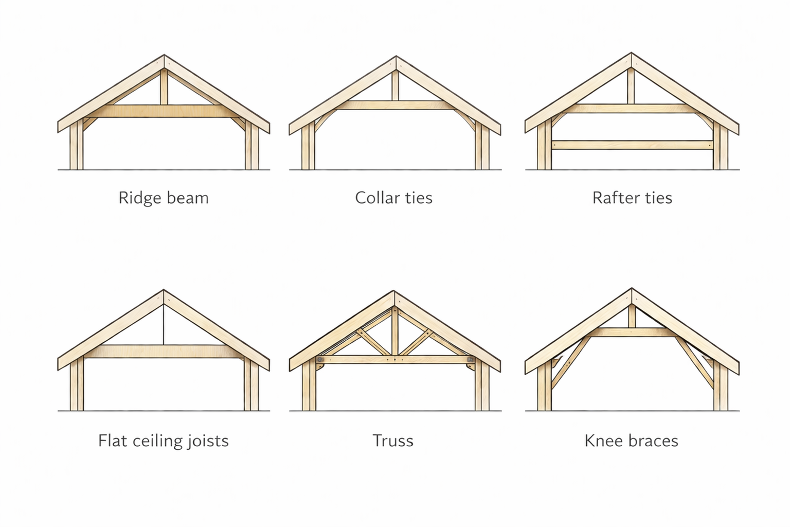 Roof bracing types comparison showing ridge beam, collar ties, rafter ties, ceiling joists, truss, and knee braces.