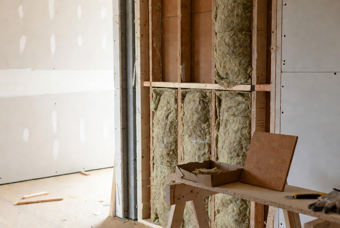 Careful mineral wool batt installation in open stud wall with cellulose and cork samples on workbench, premium construction detail.