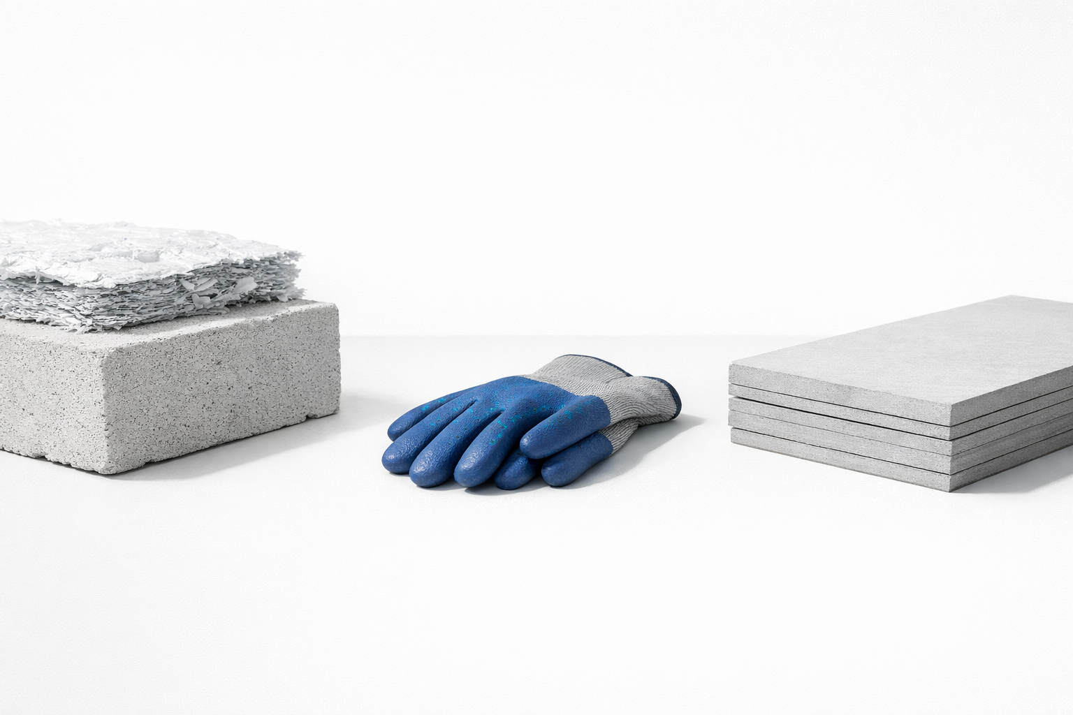 Asbestos removal alternatives hero showing fiber cement sheets, gloves, and clean materials.