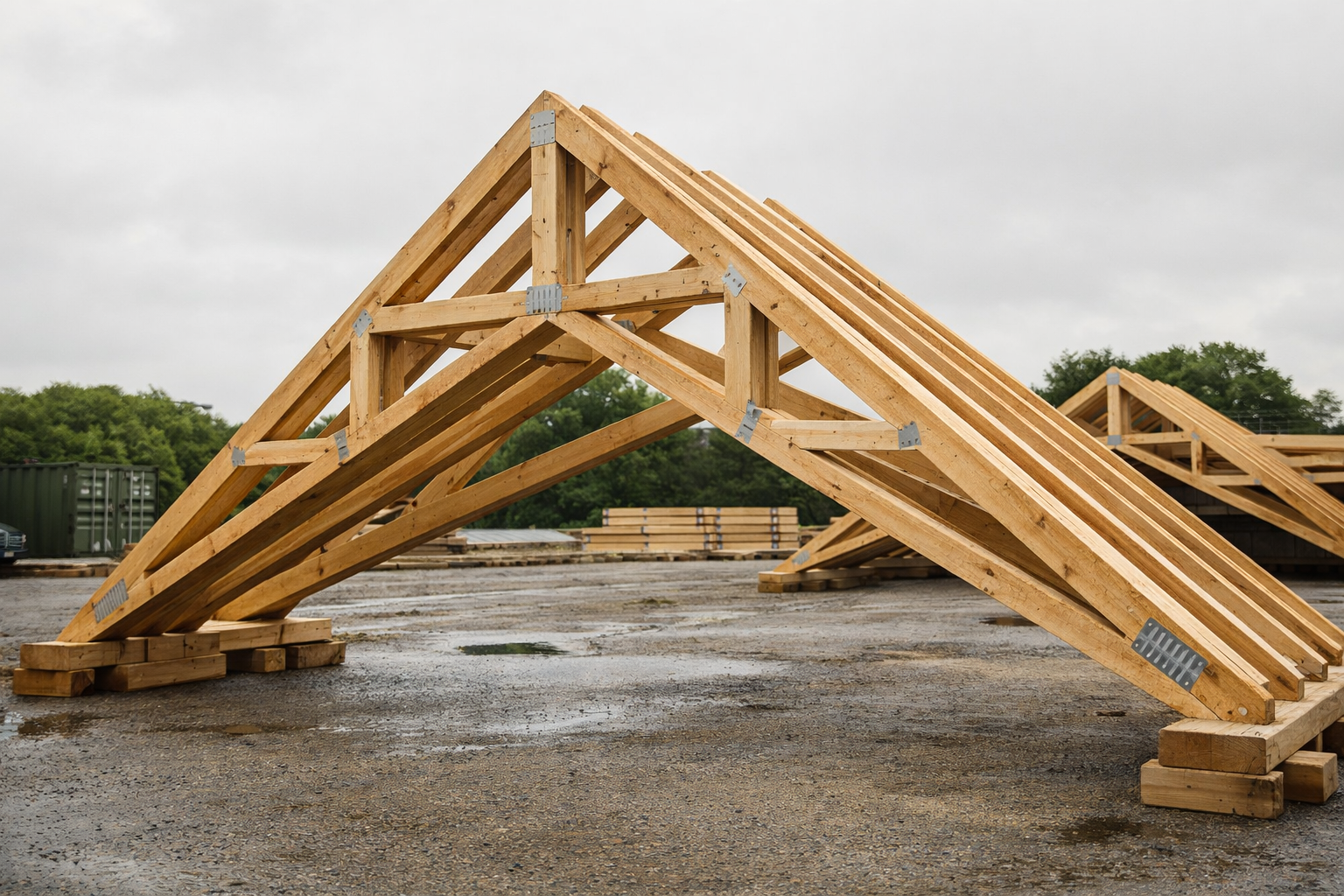Wood scissor truss in a fabrication yard with sloped bottom chords and vaulted ceiling geometry.