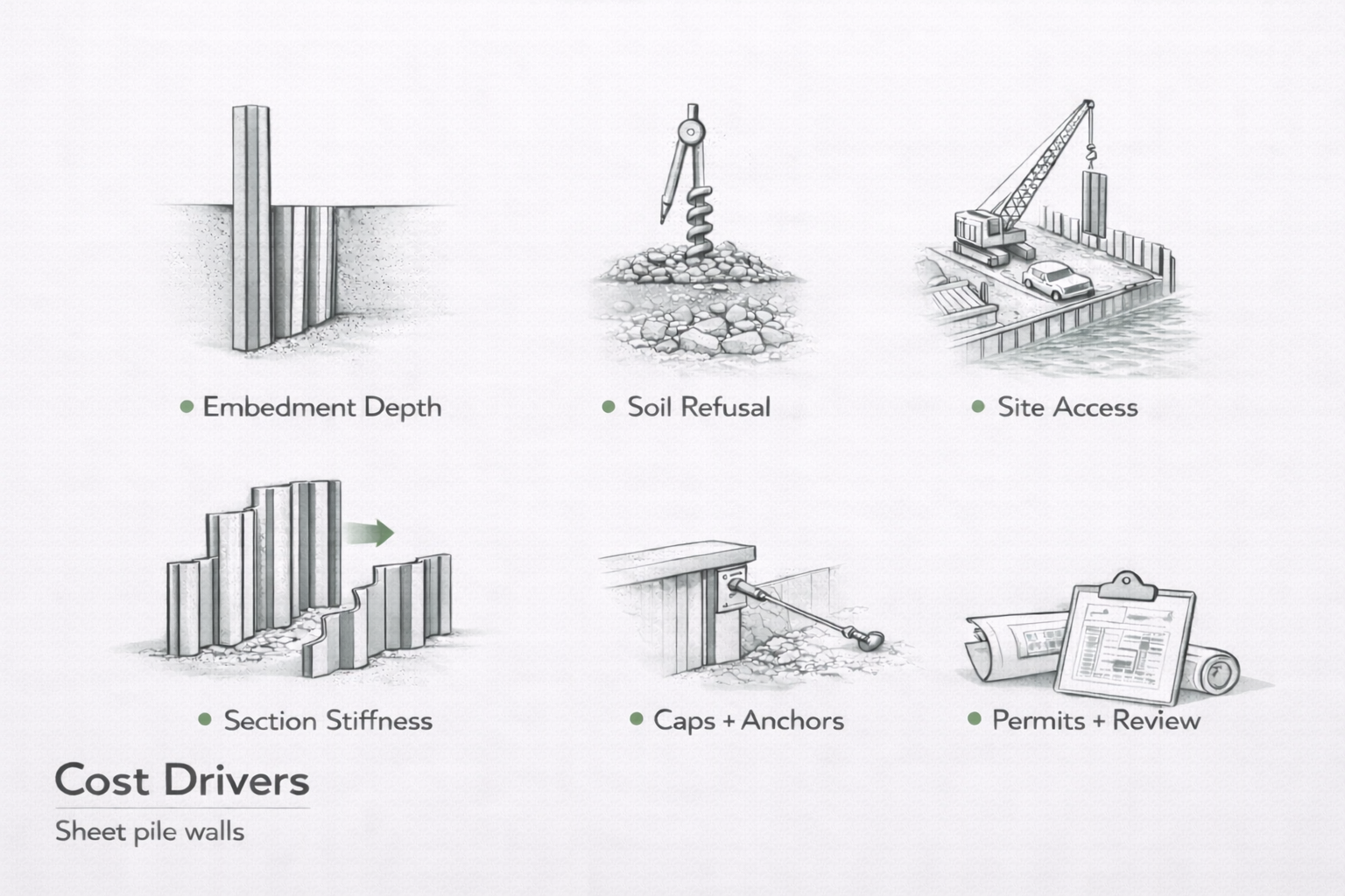 Sheet pile wall cost drivers diagram showing embedment, soil refusal, access, anchors, permits.