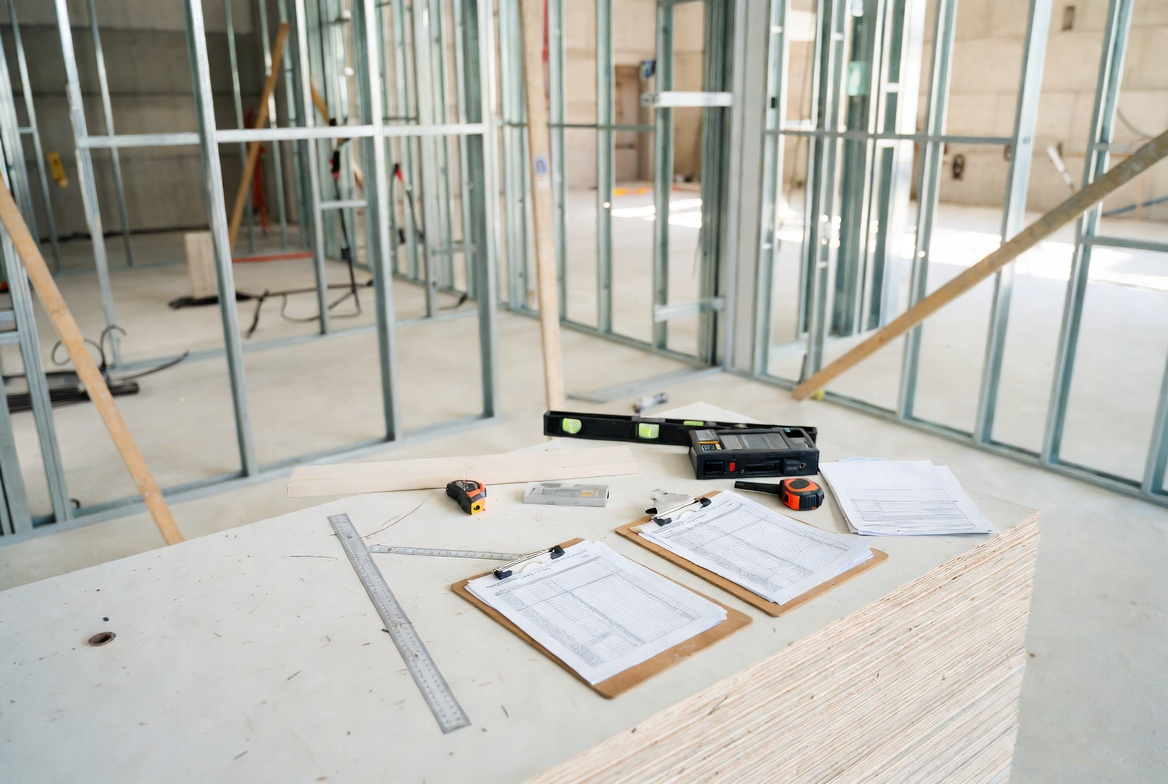 Organized construction site with plans, permit, and measurement tools ready for inspection verification.