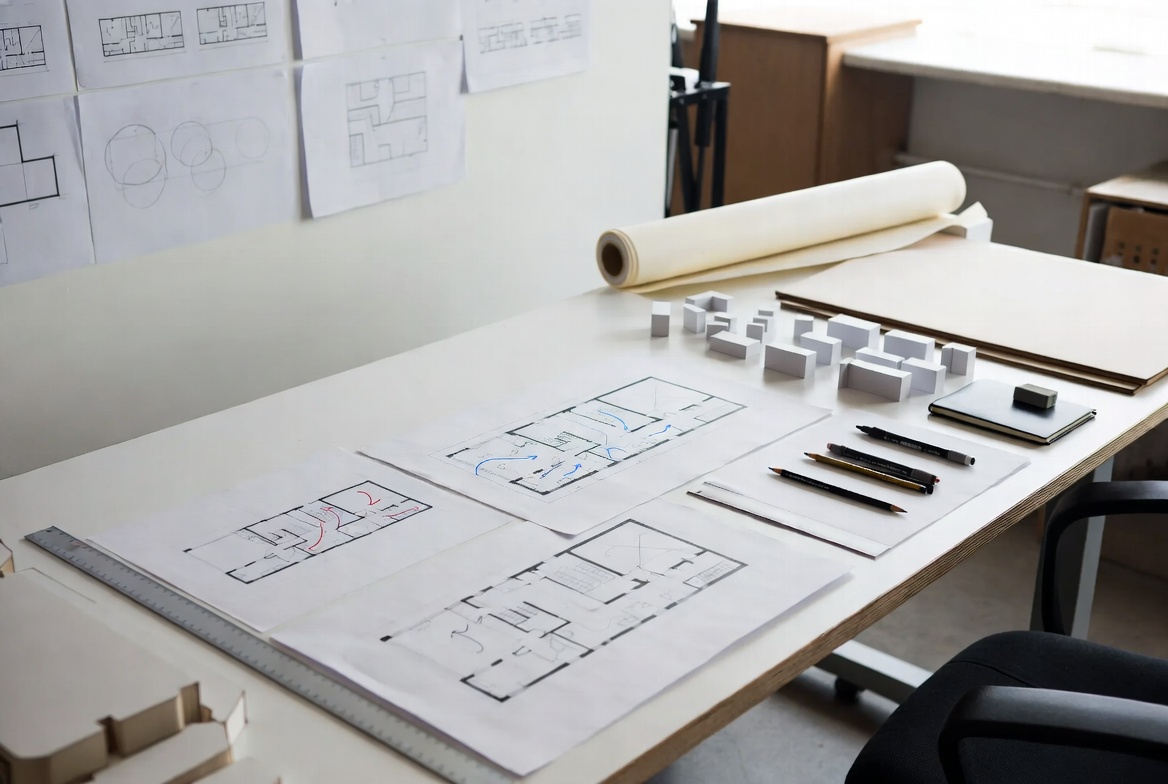 Space planning studio work with floor plans, circulation sketches, and study blocks on a desk.