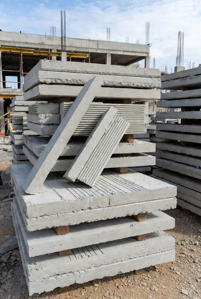Stacked precast concrete slabs at a modern construction site, featuring ribbed and flat types for building foundations and floors.