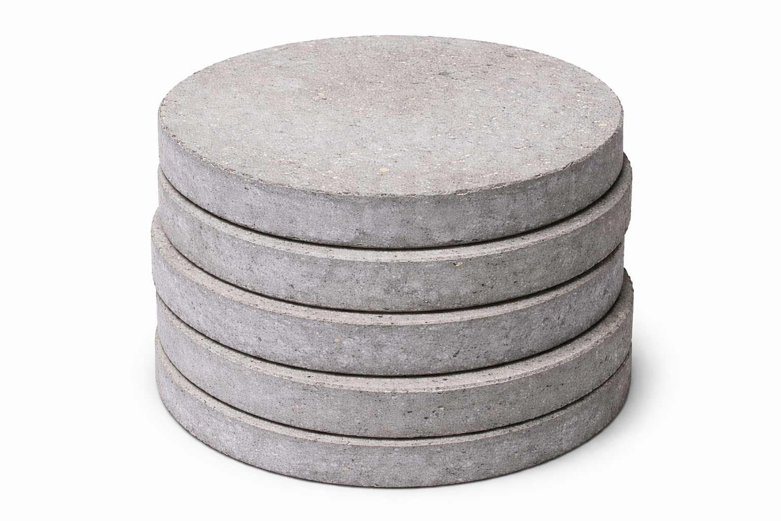 Stack of round concrete pavers with rough gray finish on a clean white background.