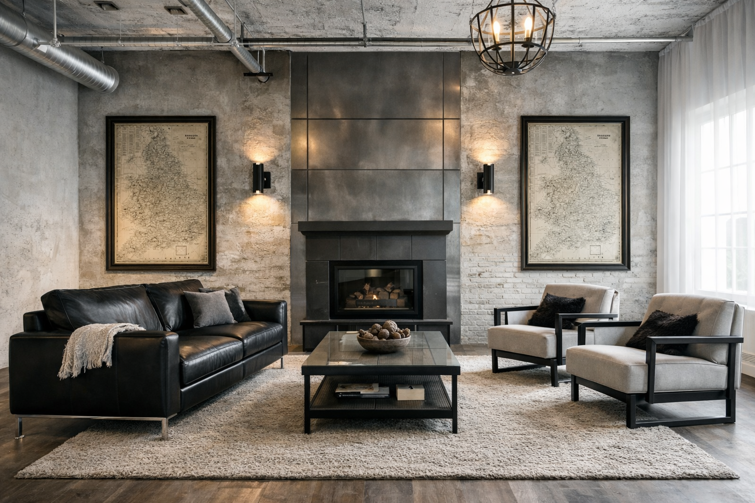 Bright industrial living room with steel ductwork, black metal furniture, and black leather sofa.