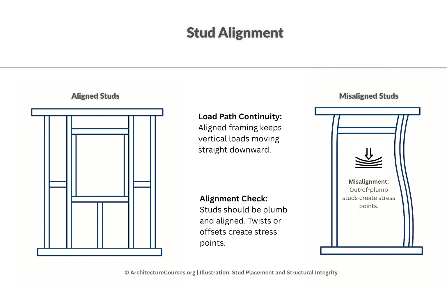 Stud alignment diagram comparing aligned studs with misaligned studs and load path notes.