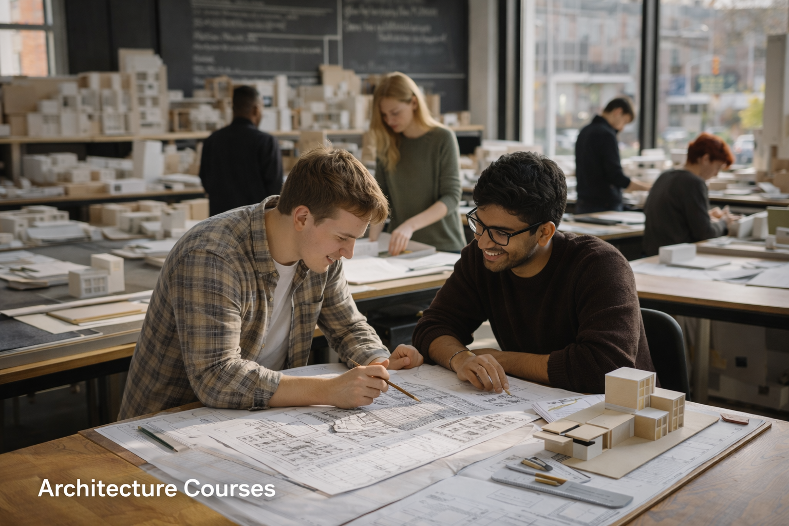 First-year architecture studio: students reviewing drawings beside simple study models in daylight.