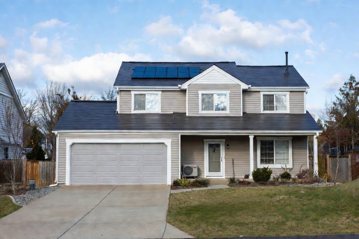 Suburban house with rooftop solar panels on a dark shingle roof.