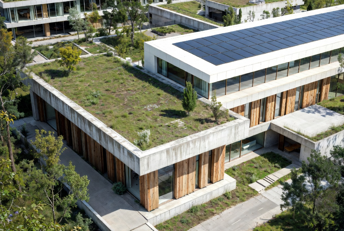 Sustainable building with green roof and rooftop solar panels.