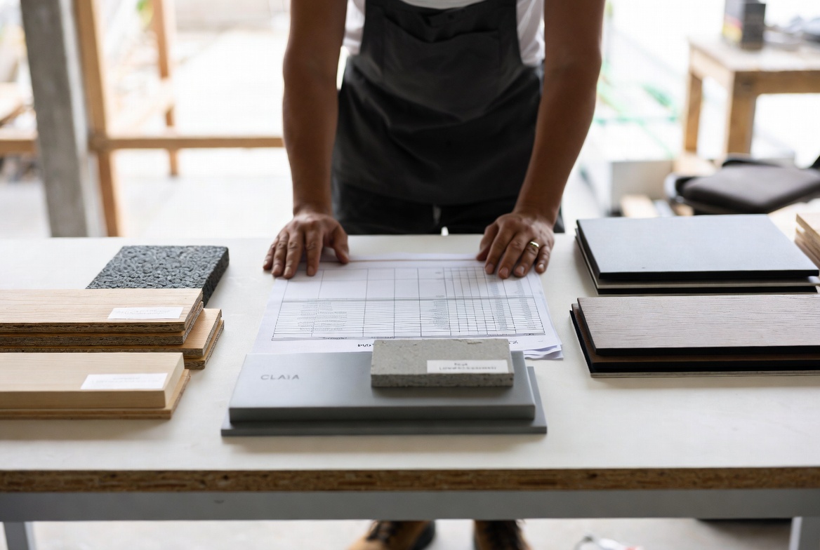 "Construction professional reviewing sustainable material samples, timber sections, insulation, and procurement schedule on a clean worktable, making early purchasing decisions for a building project.