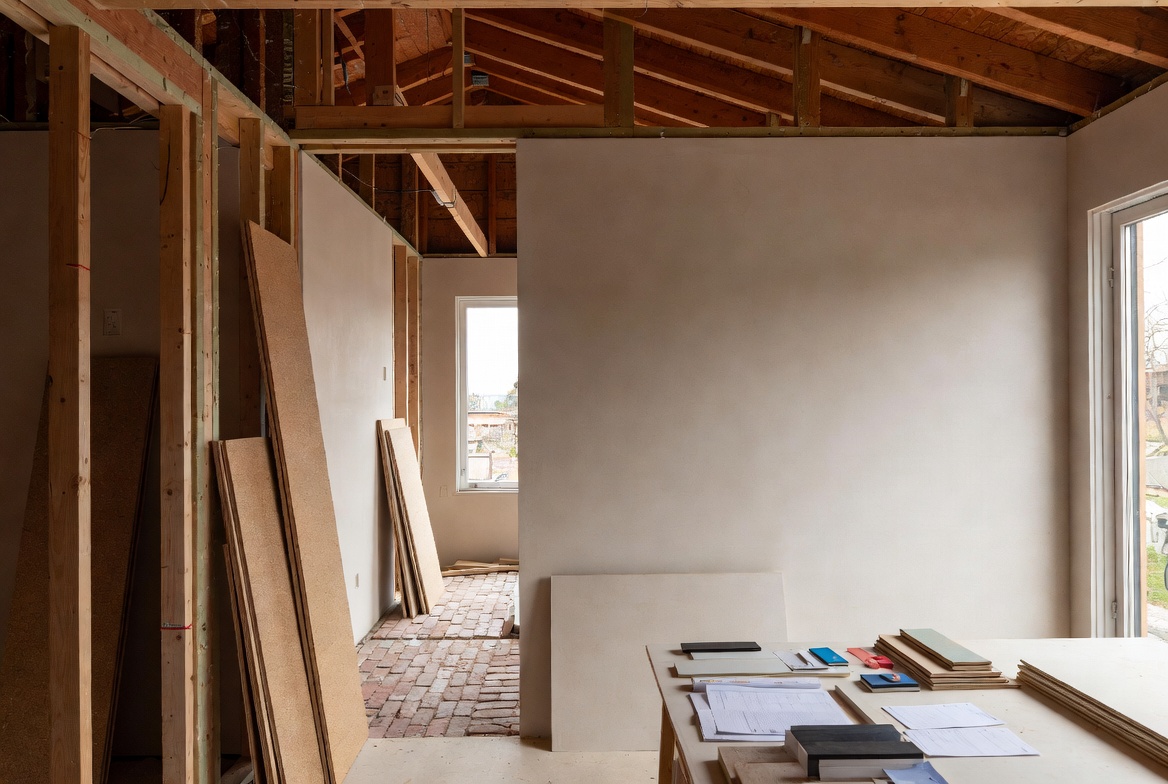 Sustainable house materials in mid-renovation interior with exposed wood framing and reclaimed brick.