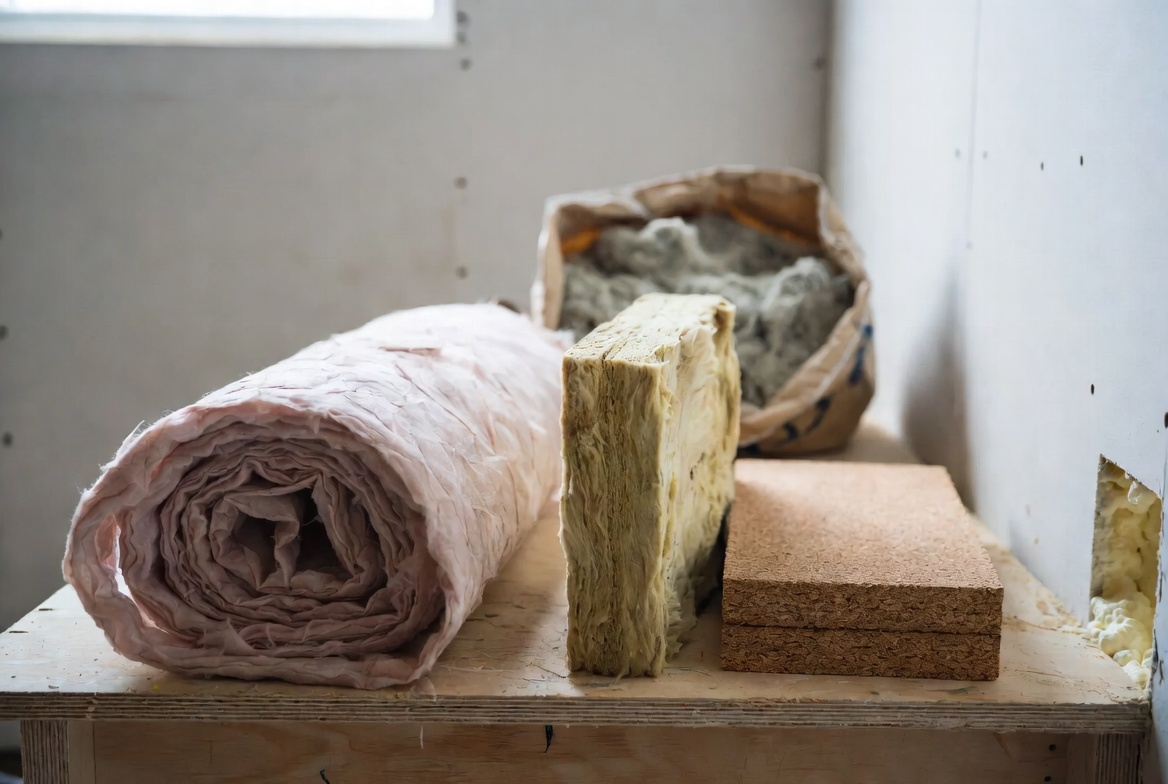 Close-up of fiberglass batt, mineral wool, cork board and foam cavity in unfinished construction site for architectural insulation.