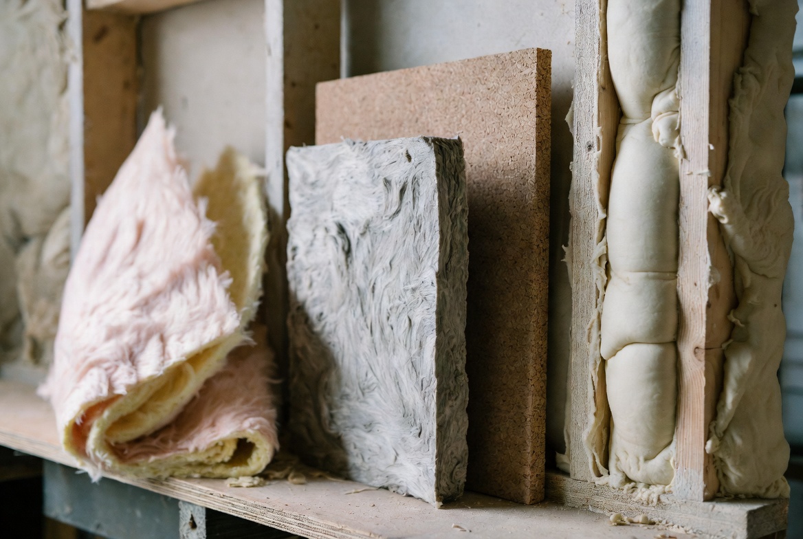 How to choose the best sustainable insulation: close-up of fiberglass, mineral wool, cork and spray foam in workshop