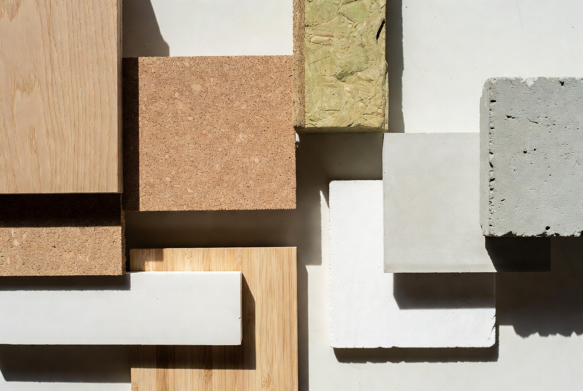 Material comparison board with timber, cork, mineral insulation, white finish boards, and concrete samples.