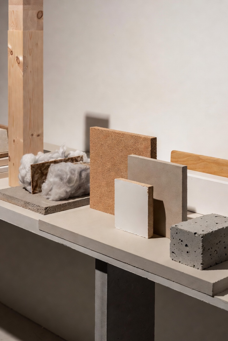 Material sample bench with cork, mineral boards, timber, insulation, and low-carbon concrete pieces.