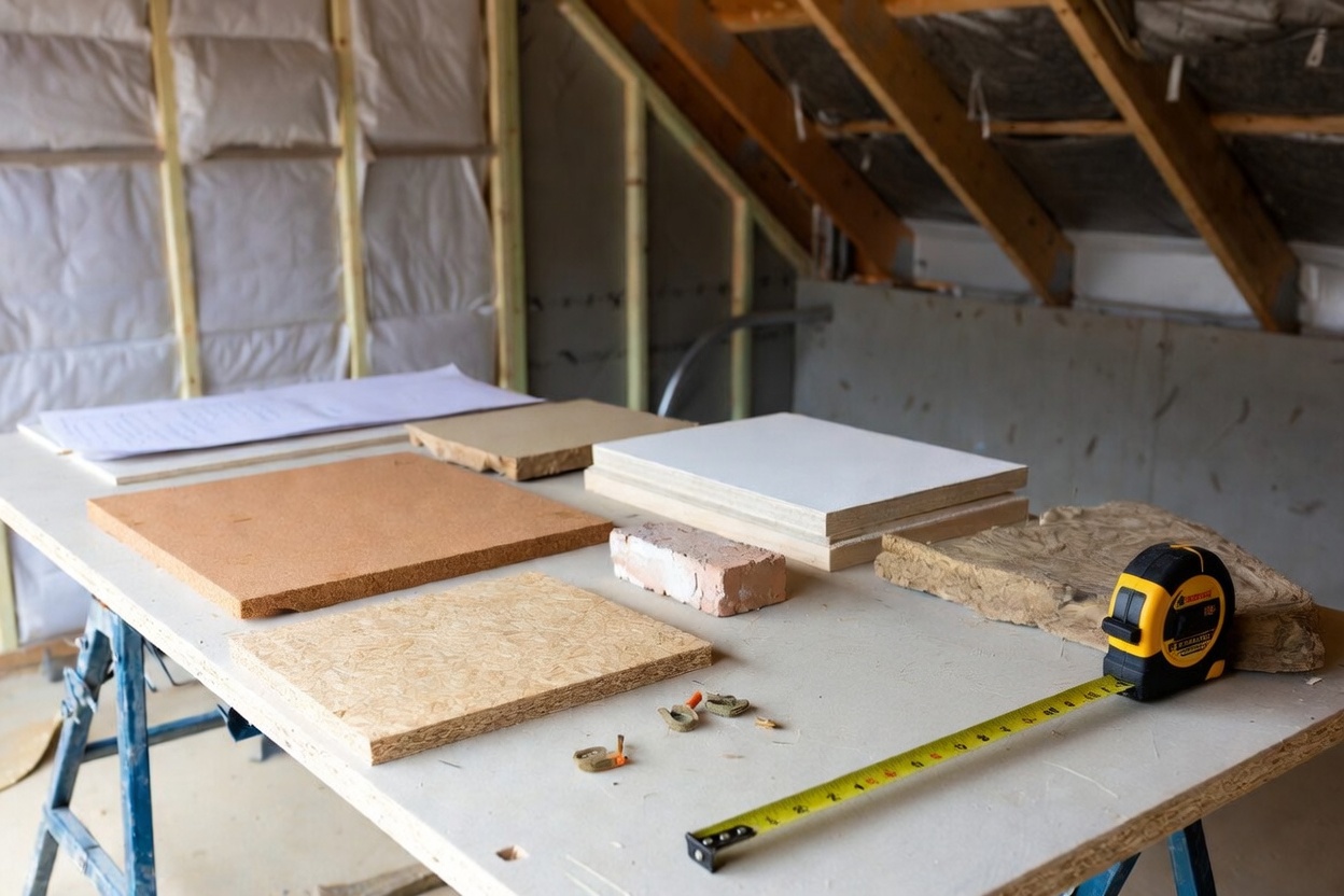 Builder’s workbench with natural sustainable materials including wood fiber, clay plaster and timber offcuts.