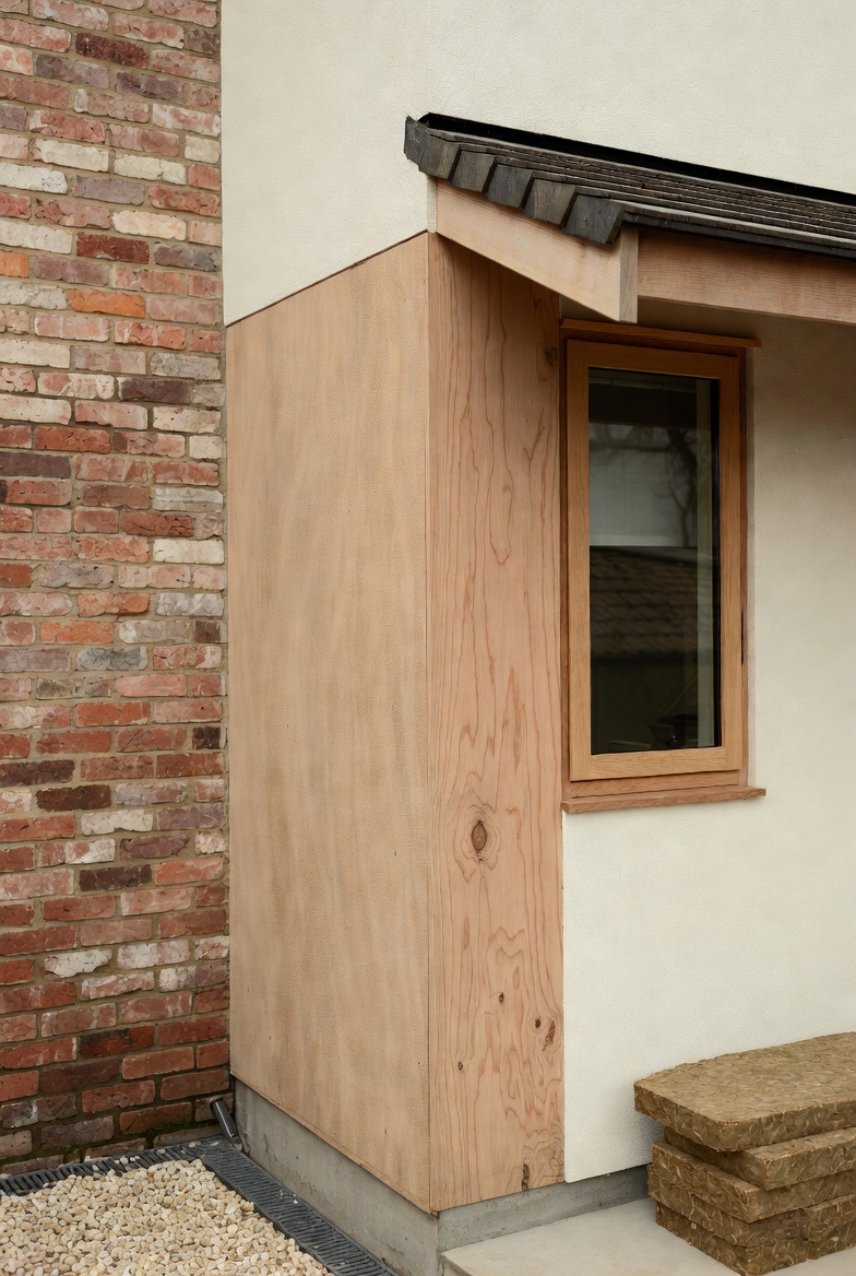 Sustainable house corner with timber cladding, lime render, reclaimed brick and natural insulation boards.