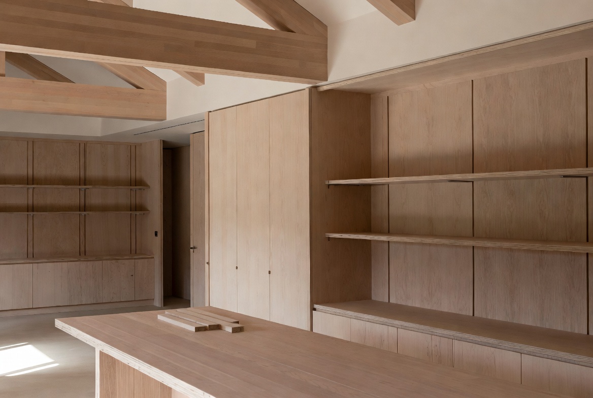 Built-in shelving, wall panels, and cabinetry made from sustainable wood in a contemporary interior.