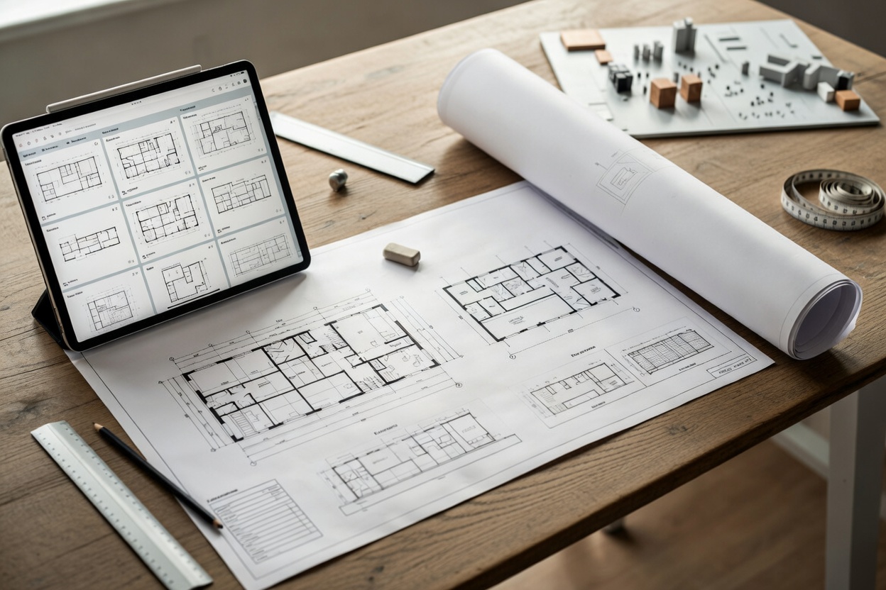 Tablet showing current drawings with rolled architectural plans on a wooden desk.