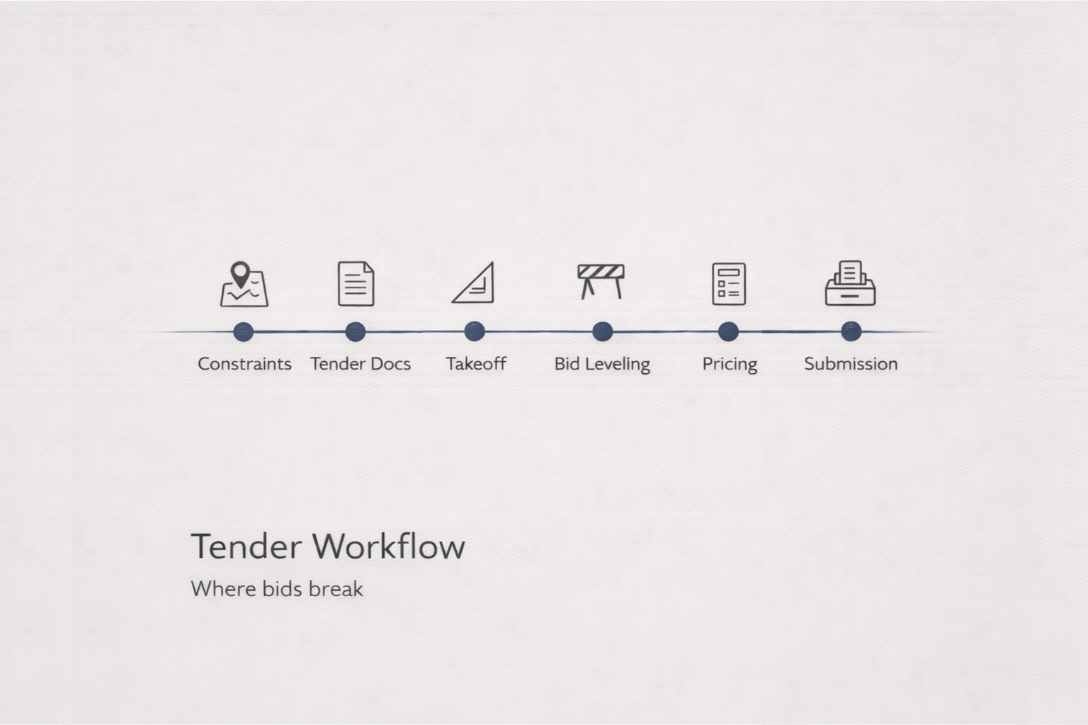 Construction tender workflow diagram showing constraints, takeoff, pricing, and submission steps.