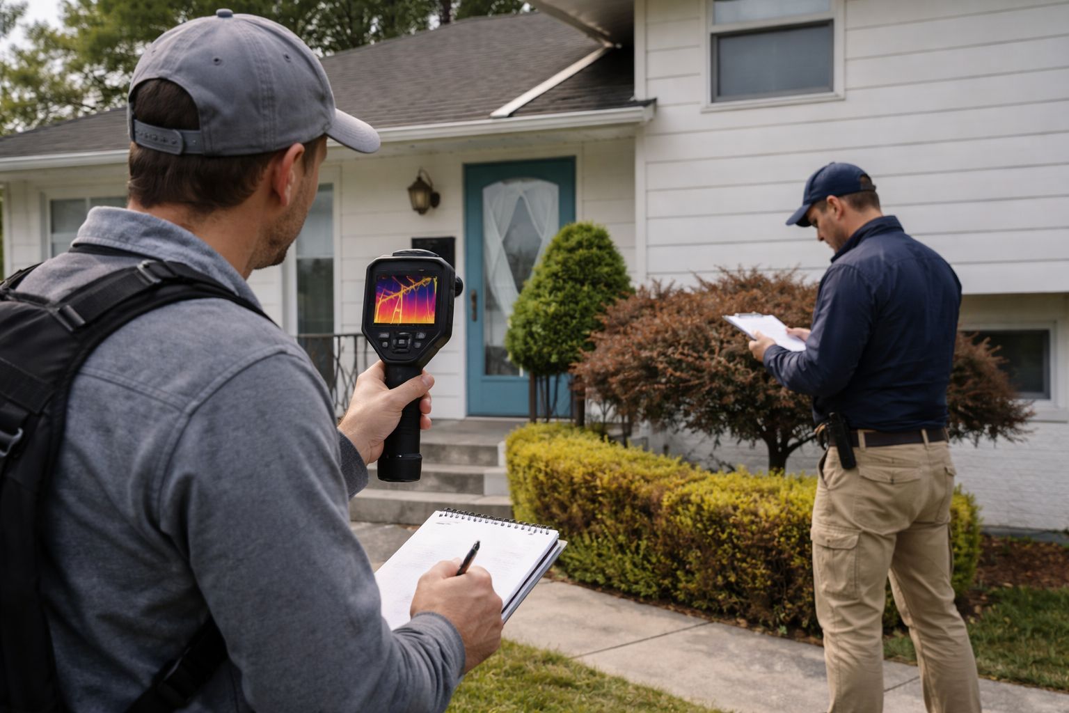 Home inspector using a thermal camera to scan a house exterior for heat loss and air leaks.