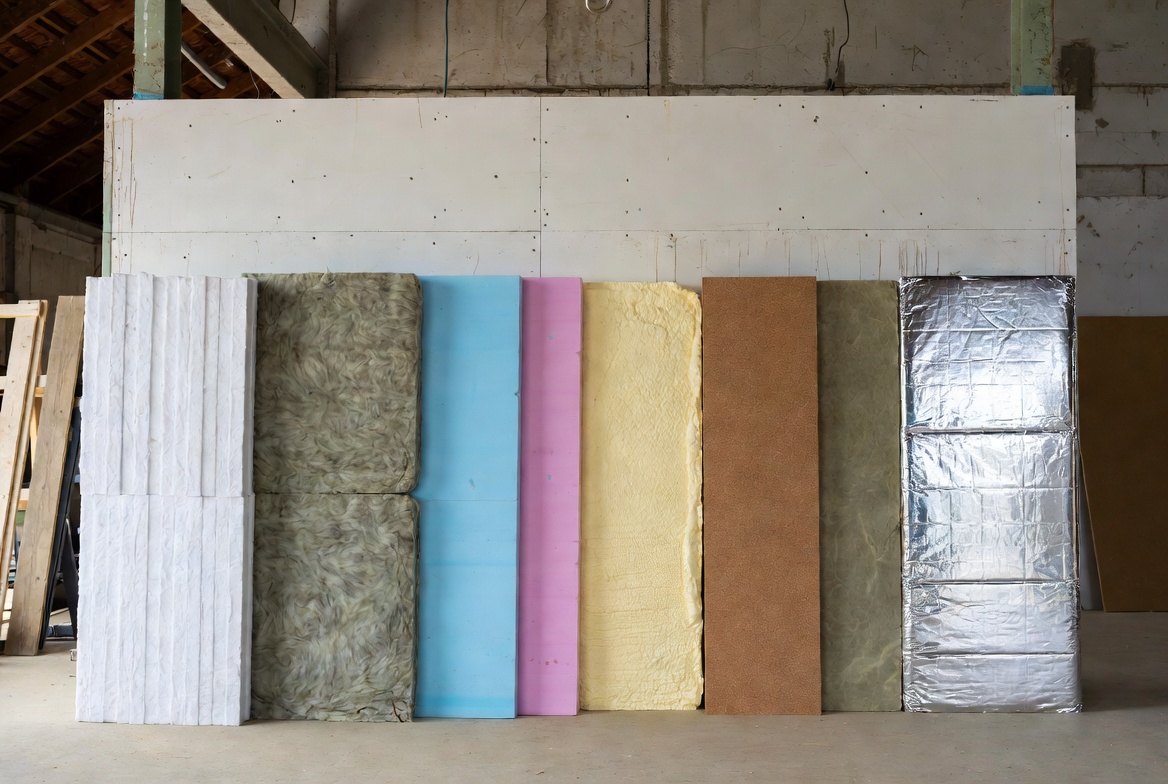Common thermal insulation materials lined up for side-by-side comparison in a workshop.