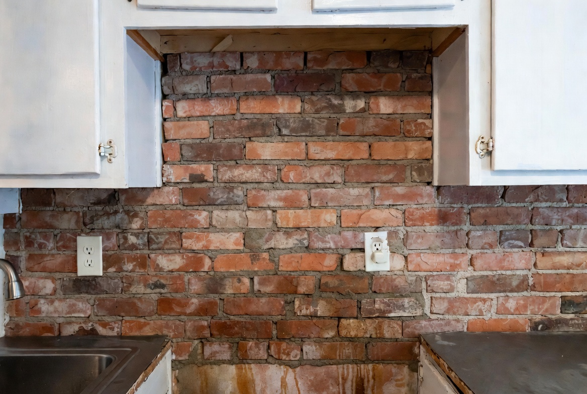Antique thin brick backsplash in kitchen sink showing moisture staining and poor design.