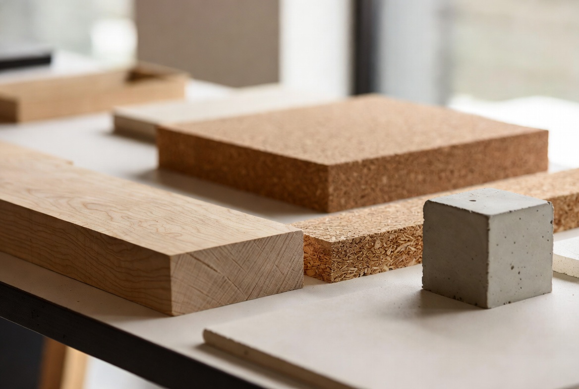 Construction material samples including timber, cork, engineered board, and a concrete block on a worktable.