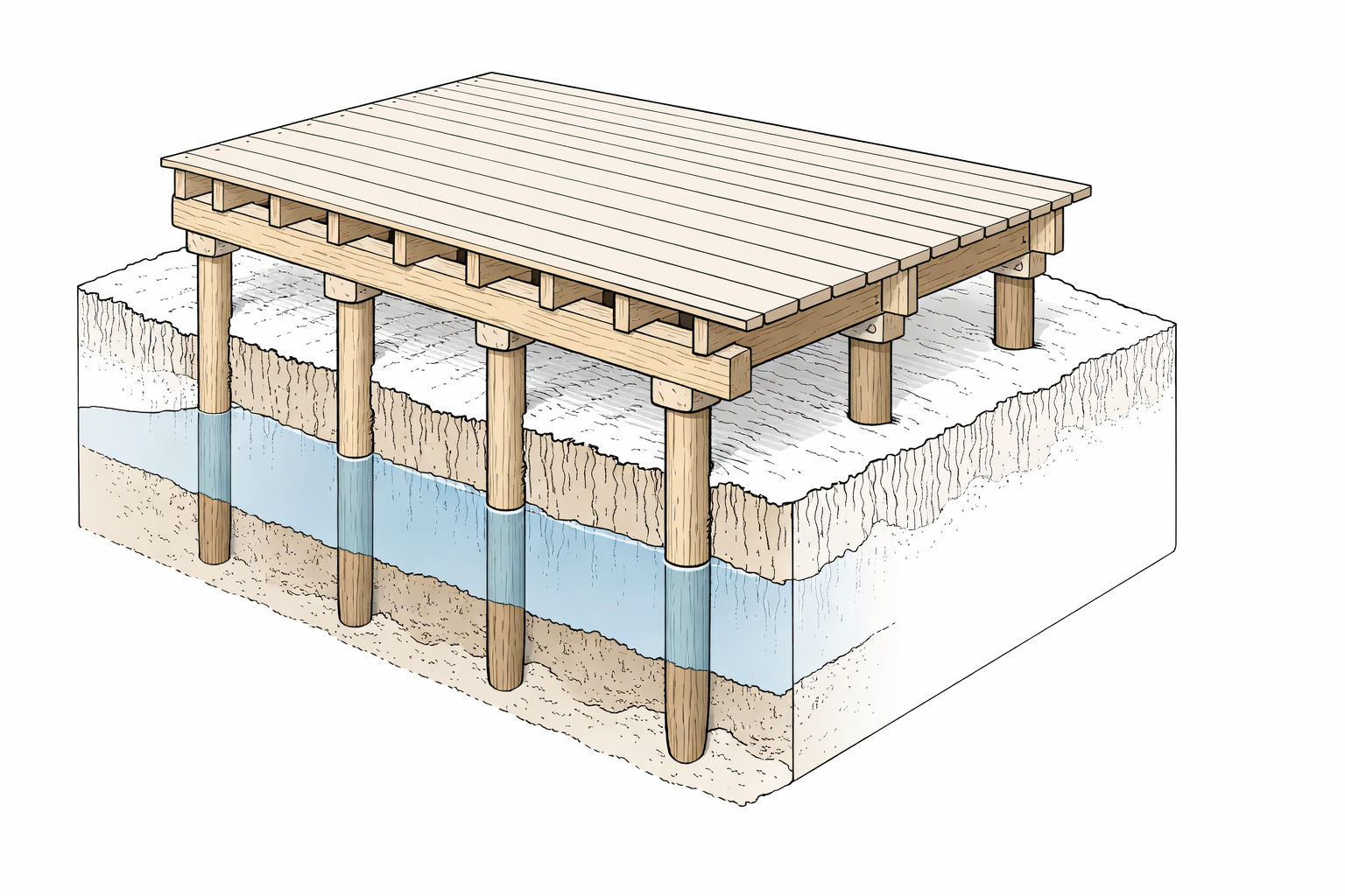 Timber pile foundation supporting a raised deck platform above wet soil and a shallow water table.