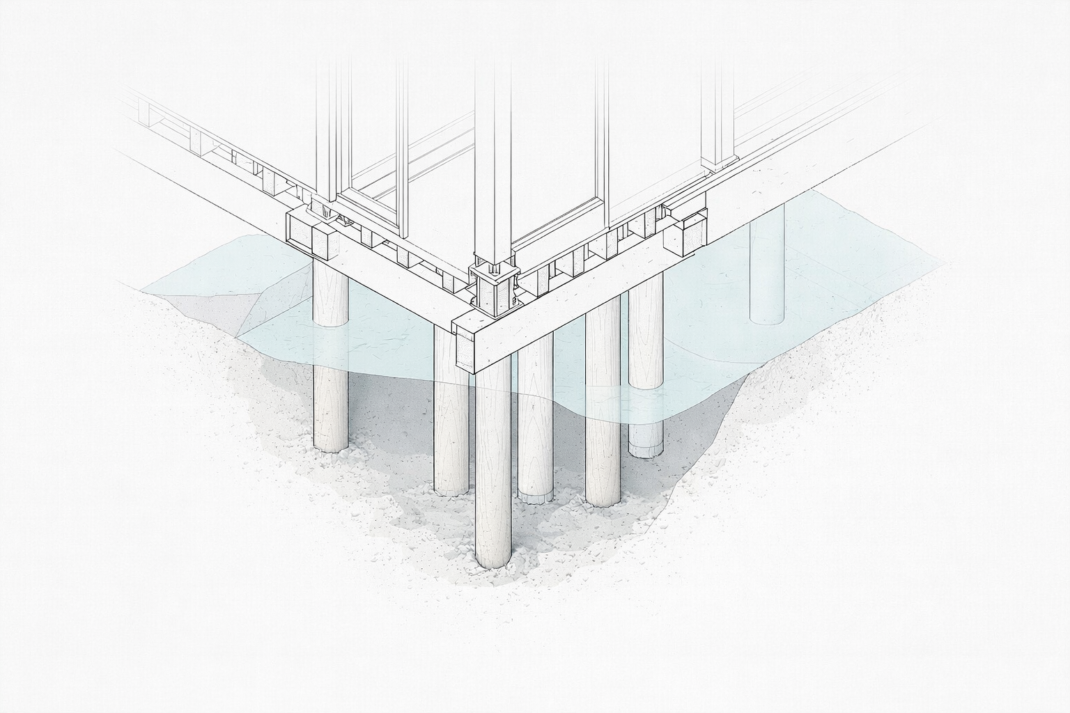 Timber piling foundation detail showing wood piles supporting a raised framed structure in wet soil.