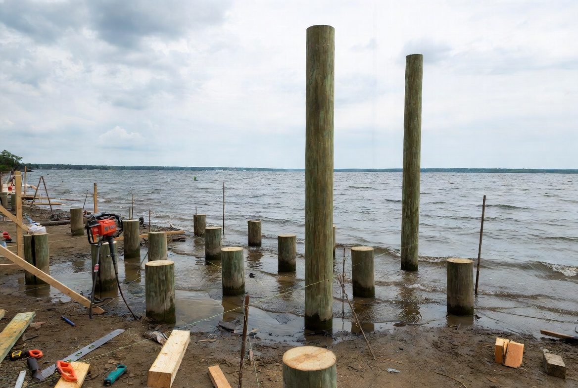 Timber piles installed along a lakeshore for a small dock or pier foundation project.