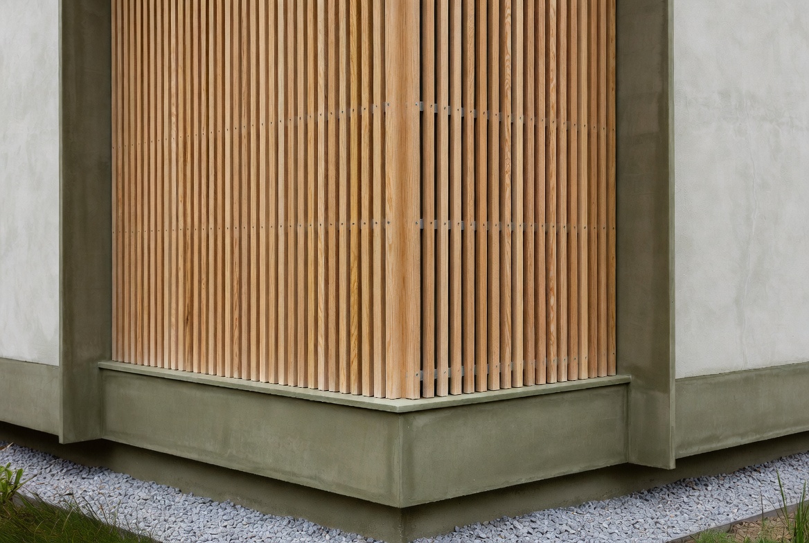 Vertical timber screen detail set over a mineral-finish base wall with gravel at grade.