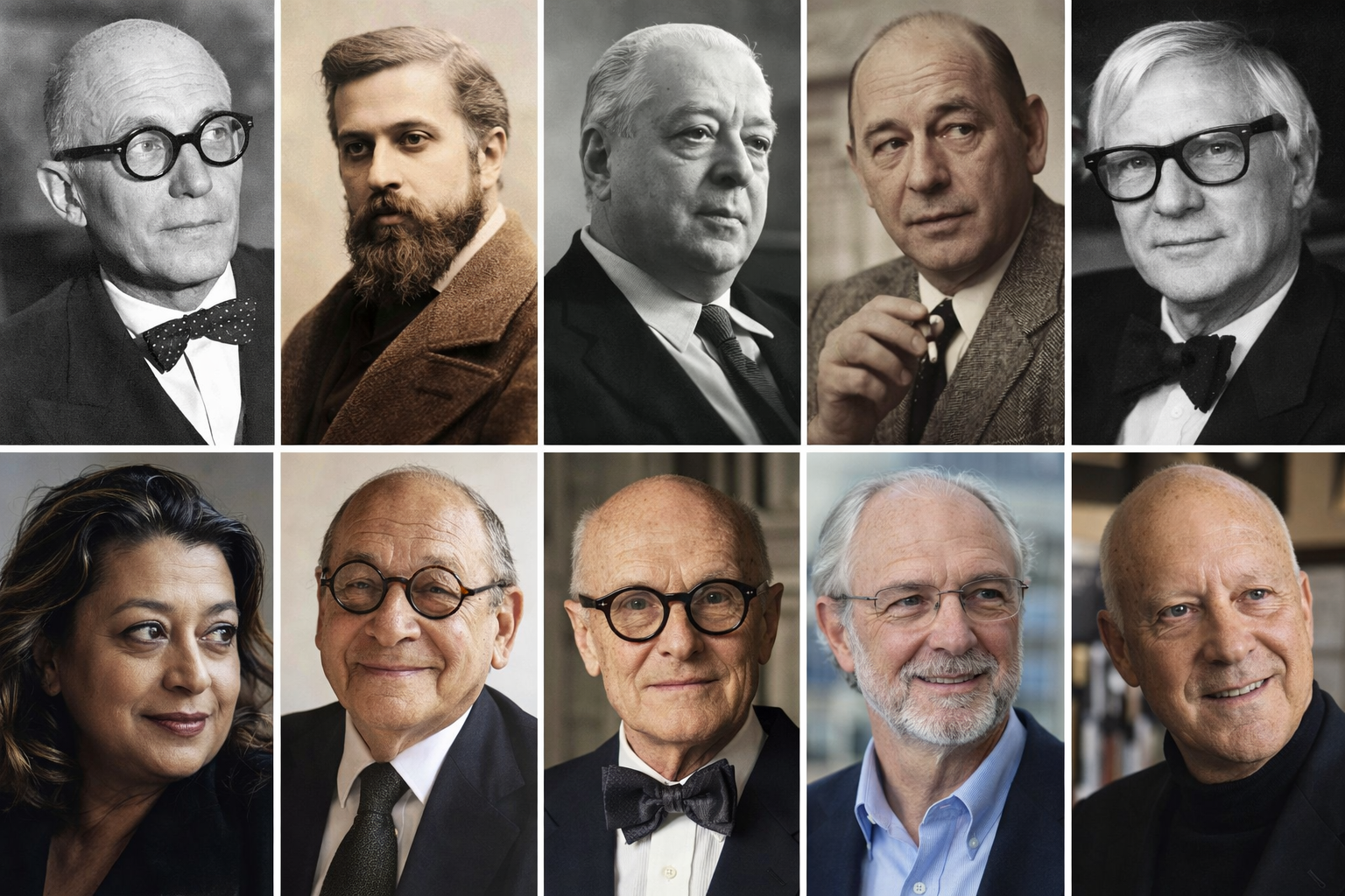 Portrait collage representing ten influential architects from different eras of architecture.