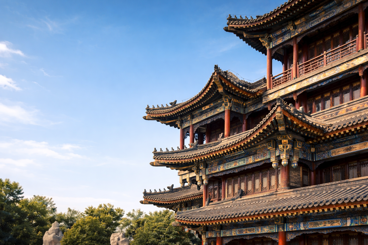 Traditional Chinese palace exterior with layered tiled roofs wide view.