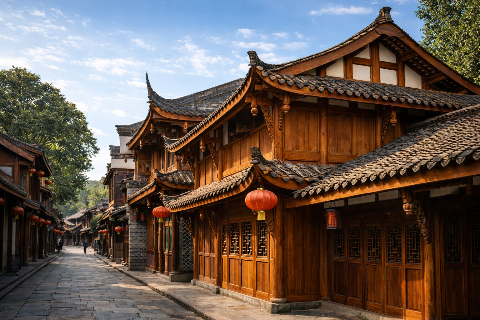 Traditional Chinese wooden street with curved tile roofs, red lanterns, and historic timber houses.