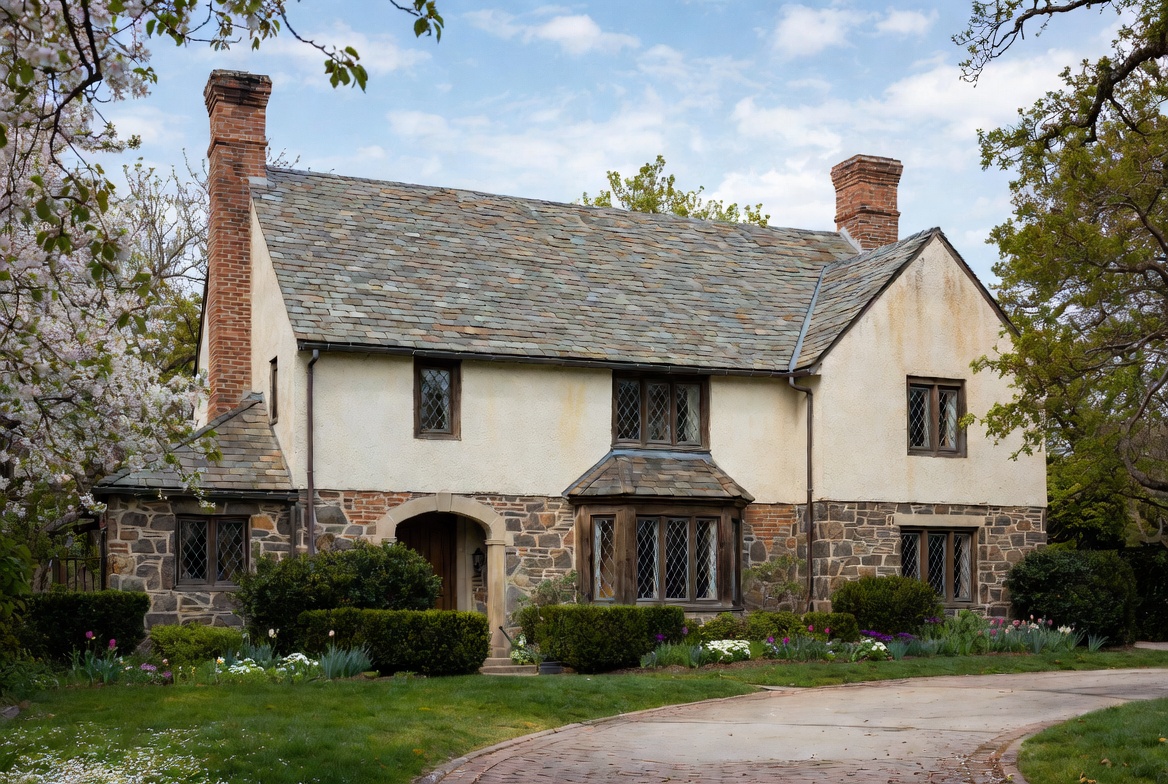 Tudor Revival house with stucco walls, stone base, steep roof, and leaded windows.