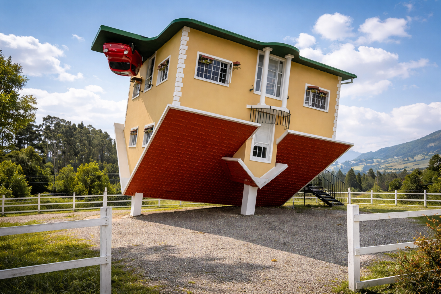 Upside-down house attraction with inverted roof.